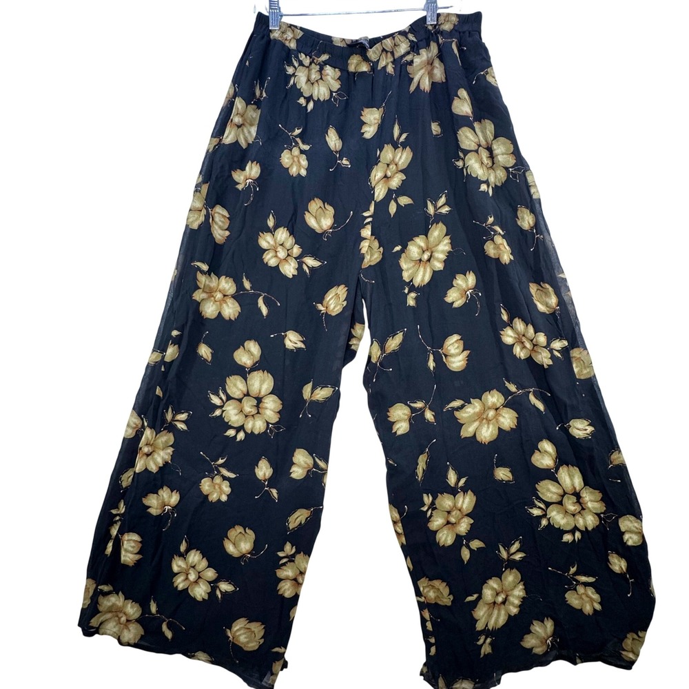 J. Peterman Company Silk Floral Wide Leg Pants Women Large *FLAW* Black Vintage